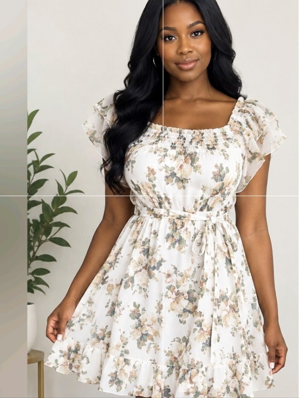 Woman Trixxi Medium Cream Floral Ruffle-Sleeve Dress